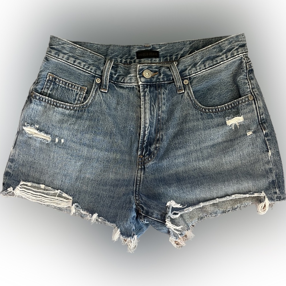 Uniqlo Jeans Denim Distressed High Rise Raw Hem Shorts Pockets Size 26 Blue